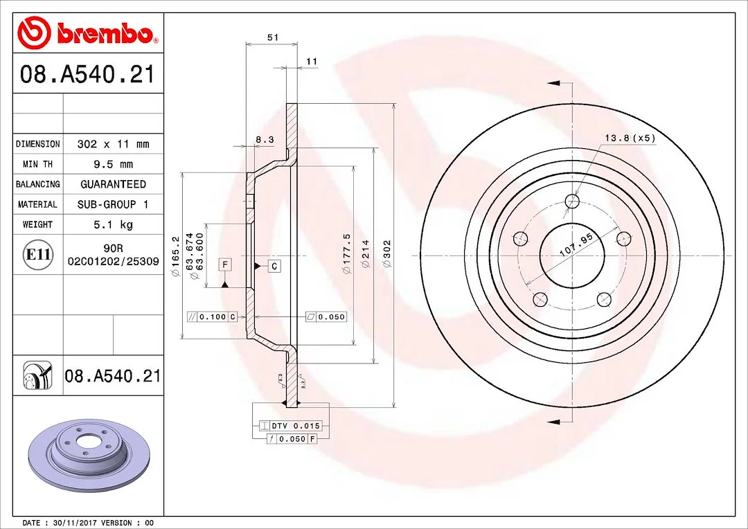 08A54021C02 – BREMBO Brake Rotor, Solid One Piece Design Wheel Bolt Pattern 5 x 107.95 Millimeter 302 Millimeter Diam...